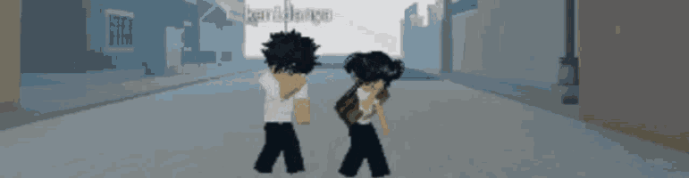 a boy and a girl are walking down a street and the girl is wearing a backpack and the boy has a backpack on his back