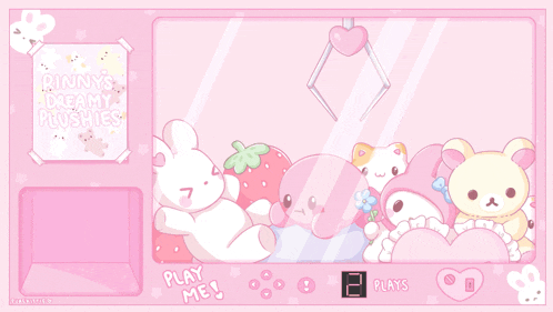 a pink screen with stuffed animals and the words play me at the bottom