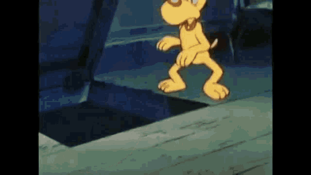 a cartoon dog is walking across a wooden floor in a dark room .