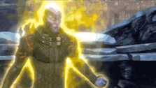 a man in a suit is standing in front of a pile of rocks with a yellow light coming out of him .