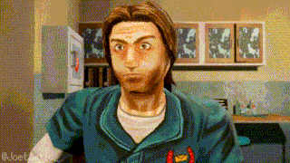 a pixel art of a man in a blue shirt with a badge on his chest