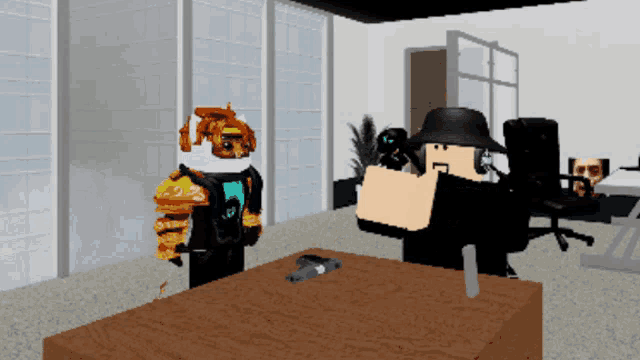 a man in a black hat is pointing a gun at another man in a tiger costume