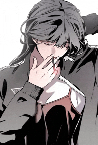 a girl with long black hair is smoking a cigarette while wearing a black jacket .