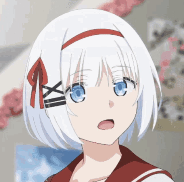 a girl with white hair and blue eyes is wearing a red sailor uniform