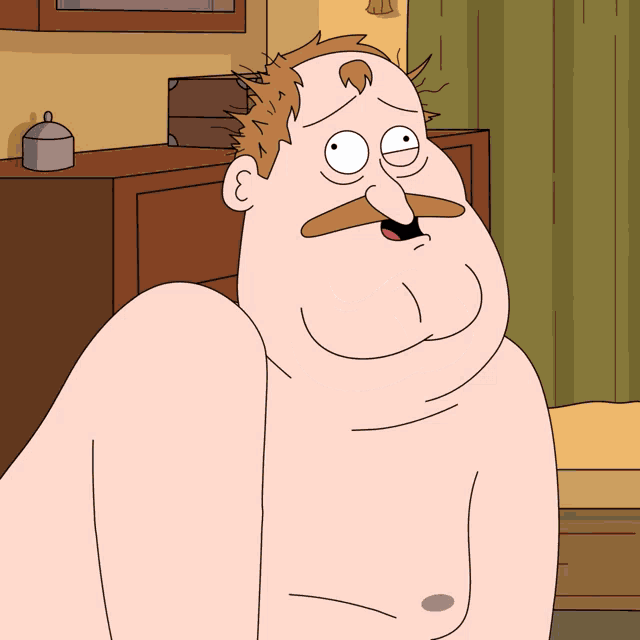 a cartoon of a shirtless man with a mustache making a funny face