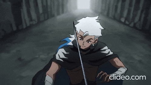 a cartoon character is holding a sword with the website clideo.com visible in the corner