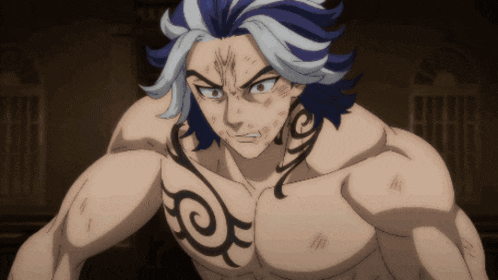 a shirtless anime character with blue and white hair and a tattoo on his chest
