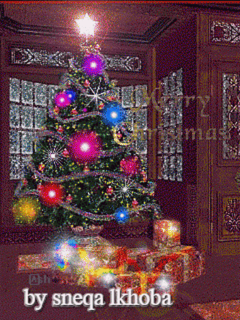 a christmas tree with gifts underneath it and the words merry christmas by sneqa lkhoba
