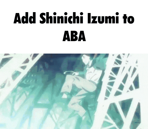 a cartoon of a man sitting on a bridge with the words add shinichi izumi to aba on the bottom