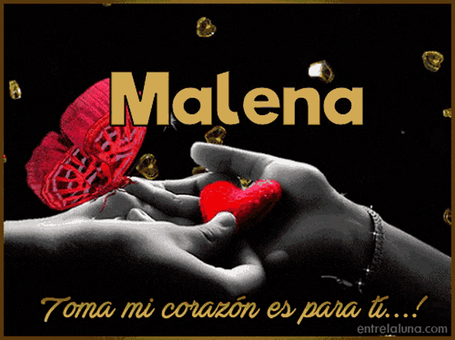 a black and white photo of a person holding a red heart with the name malena in the background