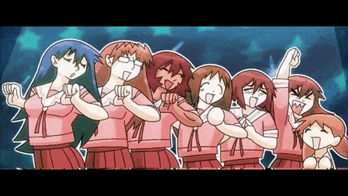 a group of anime girls are standing in a row with their arms in the air