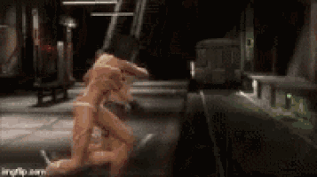 a woman is kneeling down in a video game while another woman is standing in the background .
