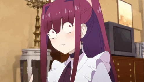 a girl with purple hair is making a funny face in front of a television