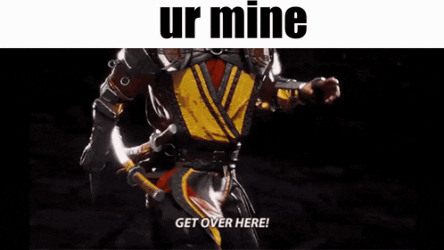 a video game character is holding a sword and says " get over here " .