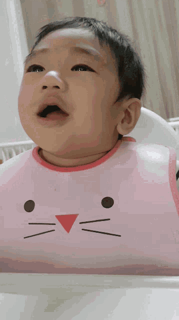 baby wearing a pink bib with a cat face on it
