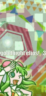 a girl with green hair is holding a fork in her hand and says goodnight elios
