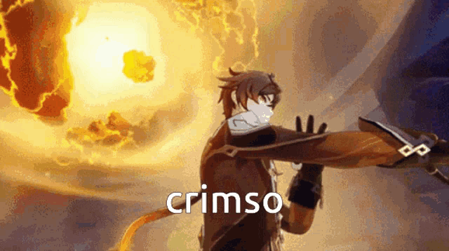 a video game character is holding a sword in front of an explosion and the word crimso is on the bottom right
