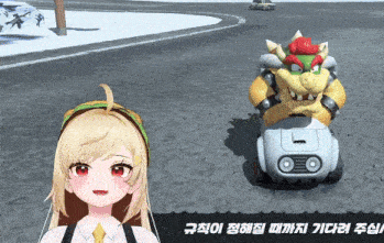 a girl with a hamburger on her head looks at a bowser driving a car in a video game