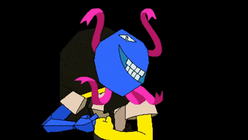 a cartoon character with a blue helmet and pink arms