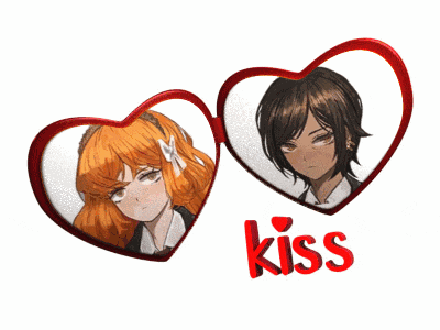 a couple of hearts with the word kiss in red