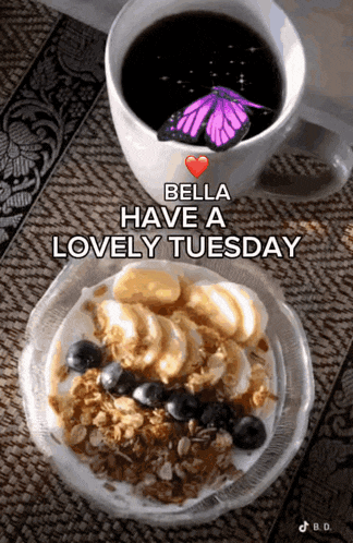 bella has a lovely tuesday with a cup of coffee and a bowl of food