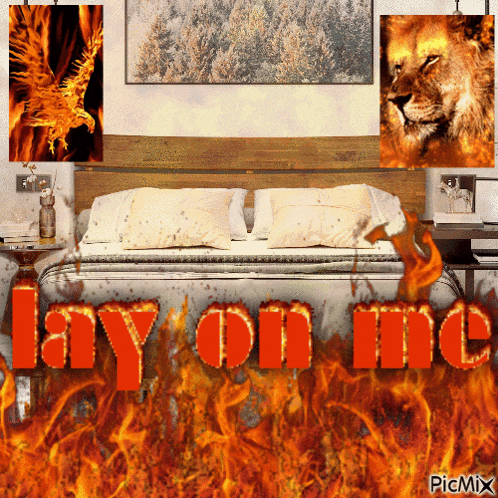 a picture of a bedroom with the words " lay on me "