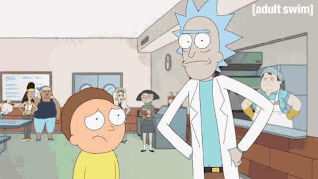 a cartoon of rick and morty with the words adult swim on the bottom right