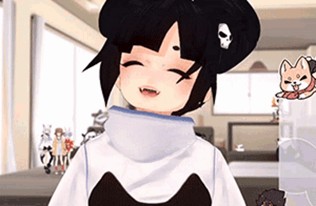 a cartoon girl with a skull on her head is smiling