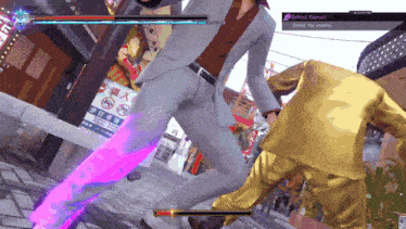 a man in a suit is fighting another man in a gold suit in a video game called defend yourself