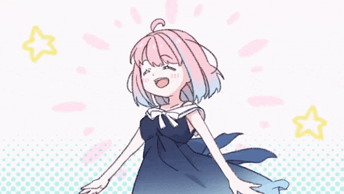 a cartoon girl with pink hair and a blue dress