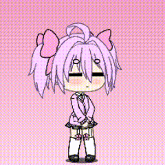 a cartoon girl with pink hair and a bow on her head is standing on a pink background .
