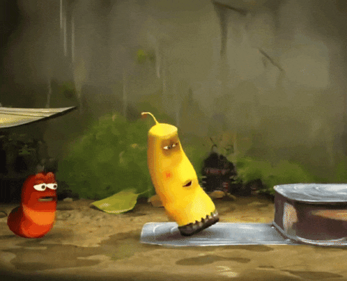 a cartoon of a banana and a worm standing next to a can
