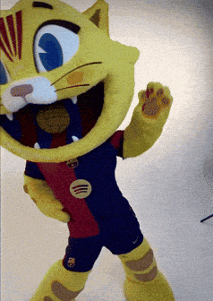 a yellow cat mascot wearing a blue red and yellow jersey