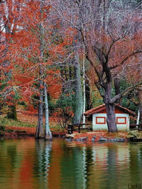 a small house sits in the middle of a lake