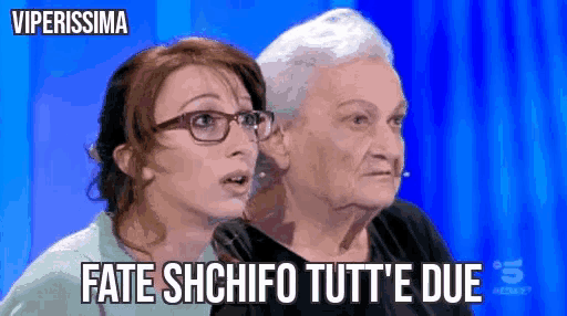 a woman and an older woman are looking at each other with viperissima written above them