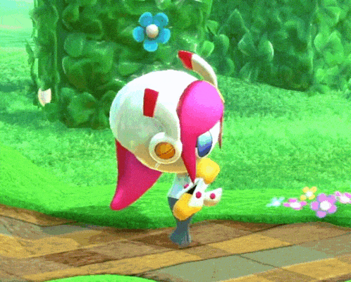 a pink and white cartoon character with headphones on is walking on a sidewalk