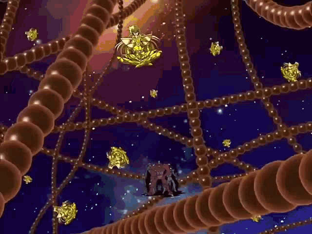 a cartoon drawing of a space ship surrounded by a web of ropes