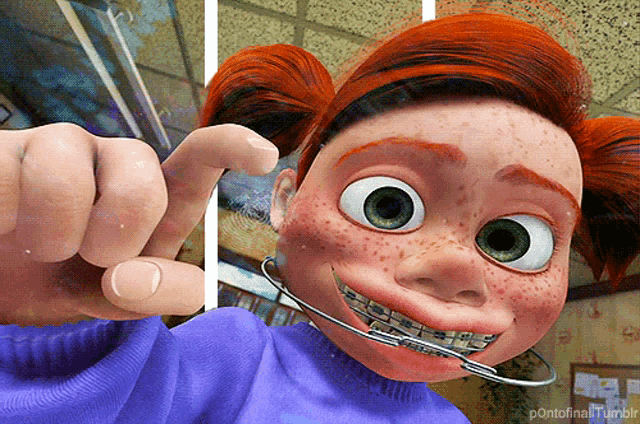 a cartoon character with braces on her teeth is giving a thumbs up