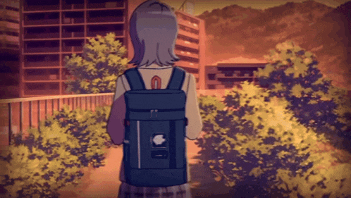 a girl with a blue backpack stands in front of a city