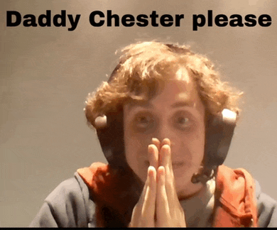 a man wearing headphones with the words " daddy chester please " below him