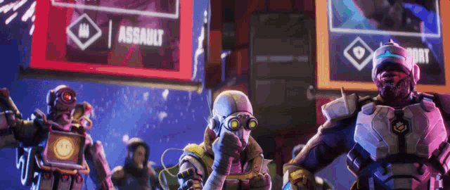 a group of futuristic soldiers are standing in front of a sign that says assault