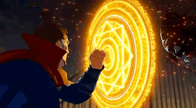 doctor strange is using a magical circle in a video game to fight venom .