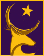 a yellow deer with a crescent moon and a star above its head