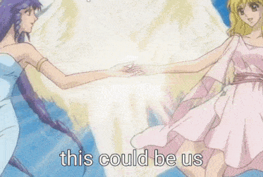 two anime girls holding hands with the words this could be us written below them
