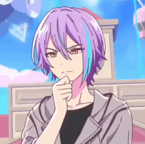 a close up of a cartoon character with purple hair and blue stripes .