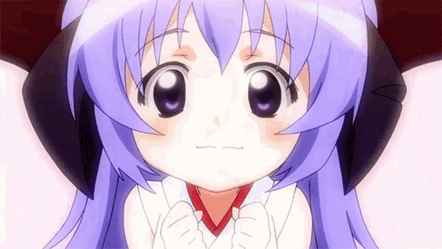 a little girl with purple hair and a red bow on her head