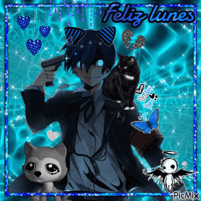 a picture of a man holding a gun with the words feliz lunes written on it