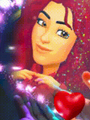 a girl with red hair is holding a red heart in her hands