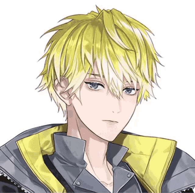 a close up of a person 's face with yellow hair and blue eyes