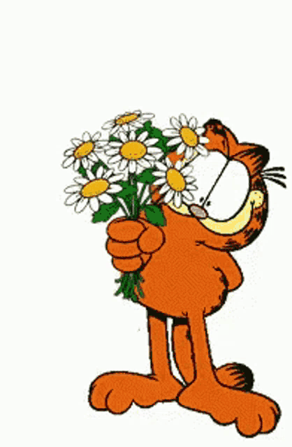 garfield is holding a bouquet of daisies in his hands
